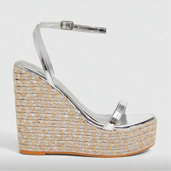 Silver Strappy Braided Wedge Heels, Sandals | 6.5 | New | 5” Heel, 1.7” Platform - Picture 3 of 5